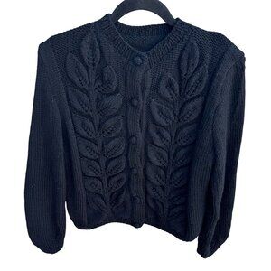Vintage Womens L Black Cropped Leaf Pattern Button Knit Cardigan Sweater Cottage